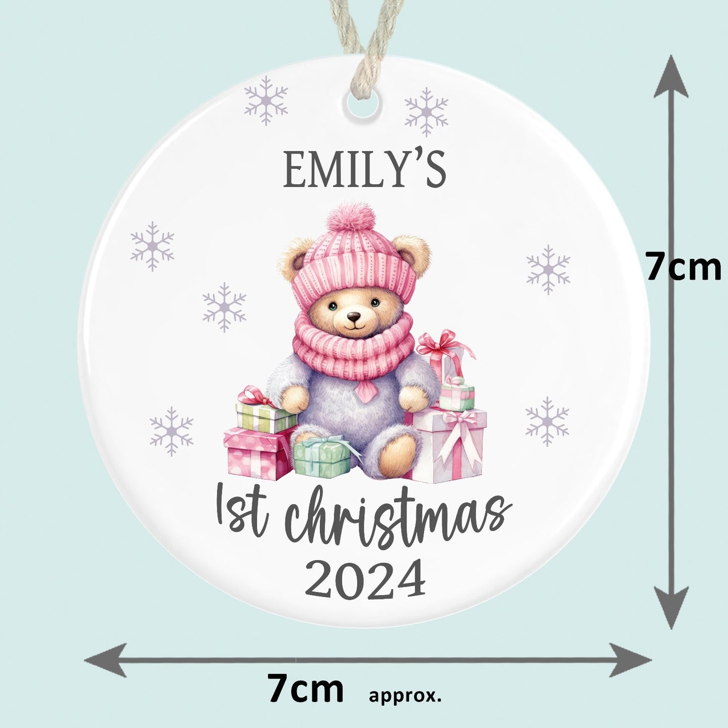 personalised babys first christmas ornament ceramic pink teddy