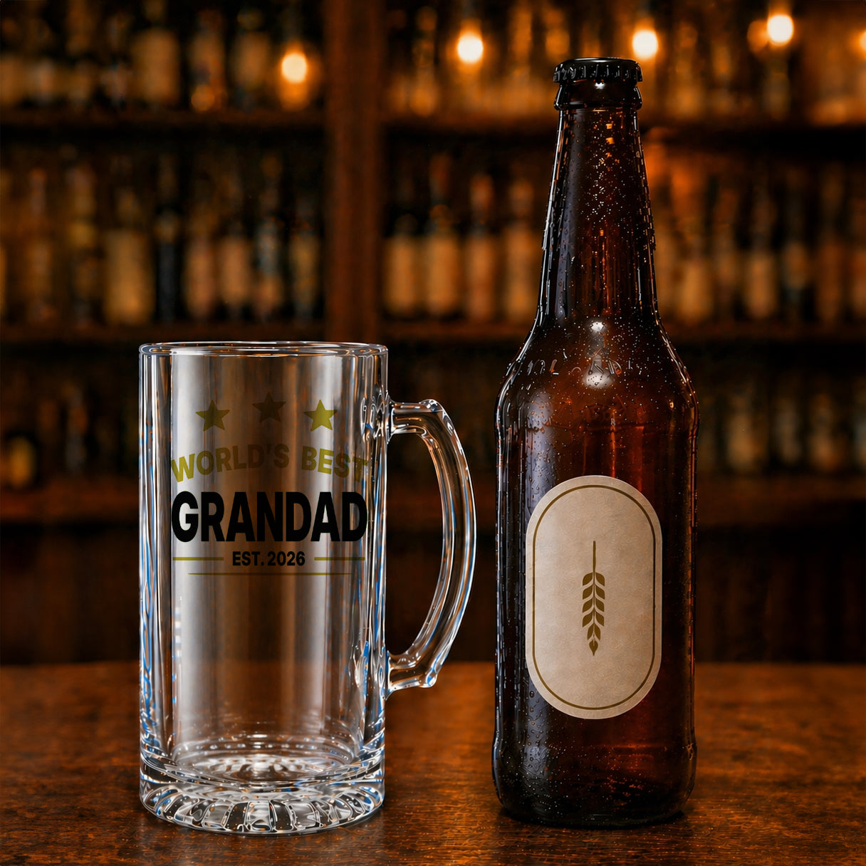Worlds Best Grandad Clear Beer Glass Date Est Black & Gold Bottle