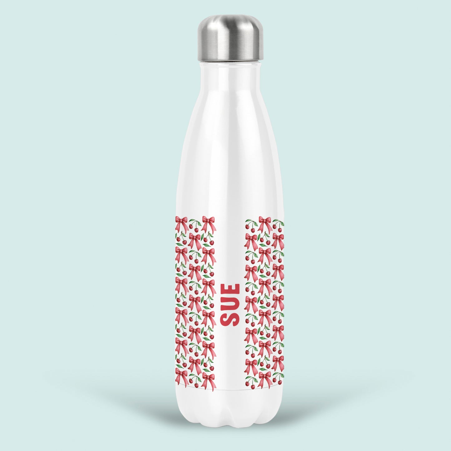 pink bows cherries personalised water bottle insulated