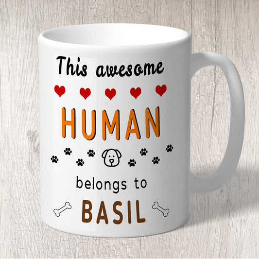 This Awesome Human Belongs to (dog names) Mug Orange