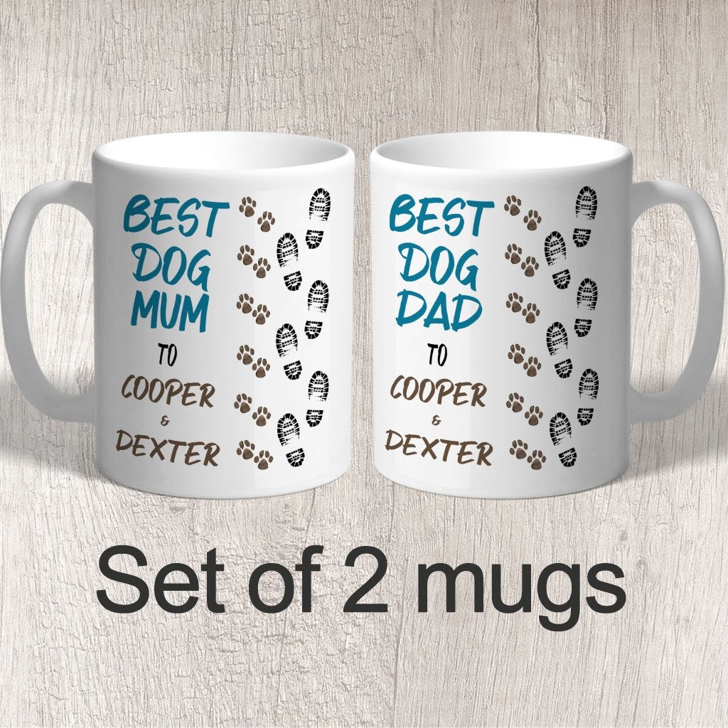 Set of 2 Mugs Products Best Dog Dad & Mum Footprints & Paw Prints to (dog/s names) FREE P&P
