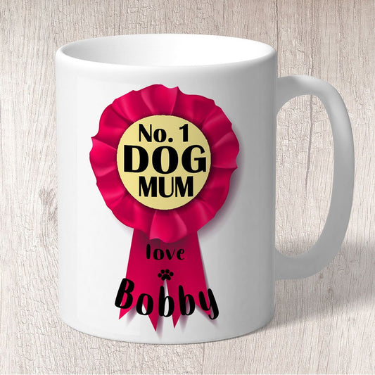 No. 1 Dog Mum Pink Rosette Personalised with Dog Name/s Mug