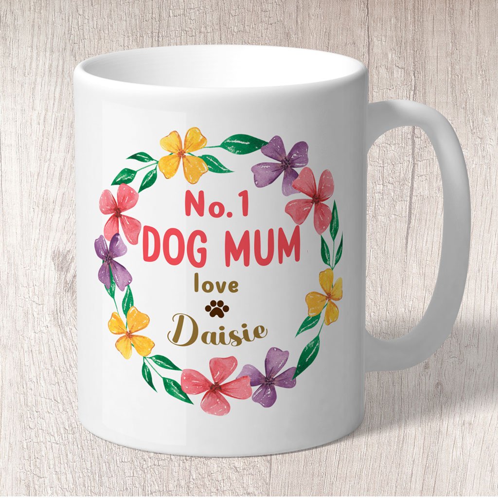 No. 1 Dog Mum Circle of Flowers Personalised with Dog Name/s Mug  (1072)