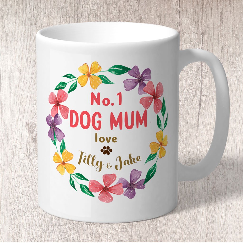 No. 1 Dog Mum Circle of Flowers Personalised with Dog Name/s Mug  (1072)