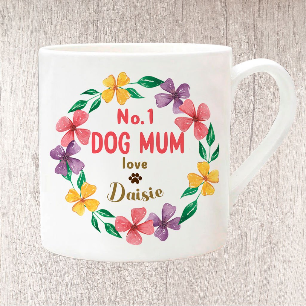 No. 1 Dog Mum Circle of Flowers Personalised with Dog Name/s Fine China Mug 13oz  (1072)
