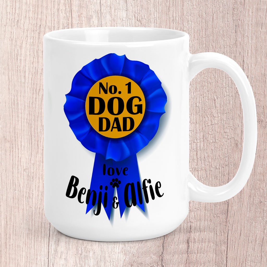 Large No. 1 Dog Dad Blue Rosette Personalised with Dog Name/s Mug