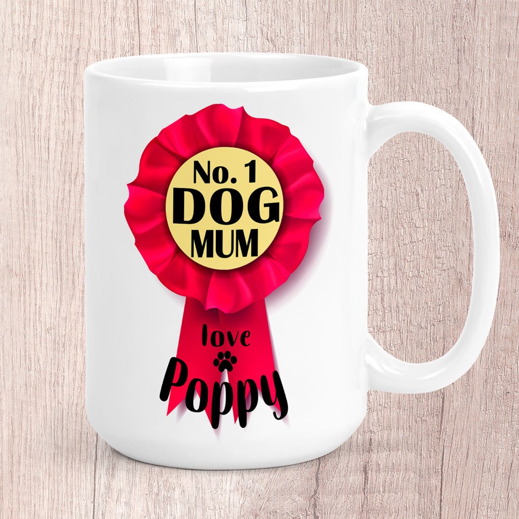 Large No. 1 Dog Mum Pink Rosette Personalised with Dog Name/s Mug