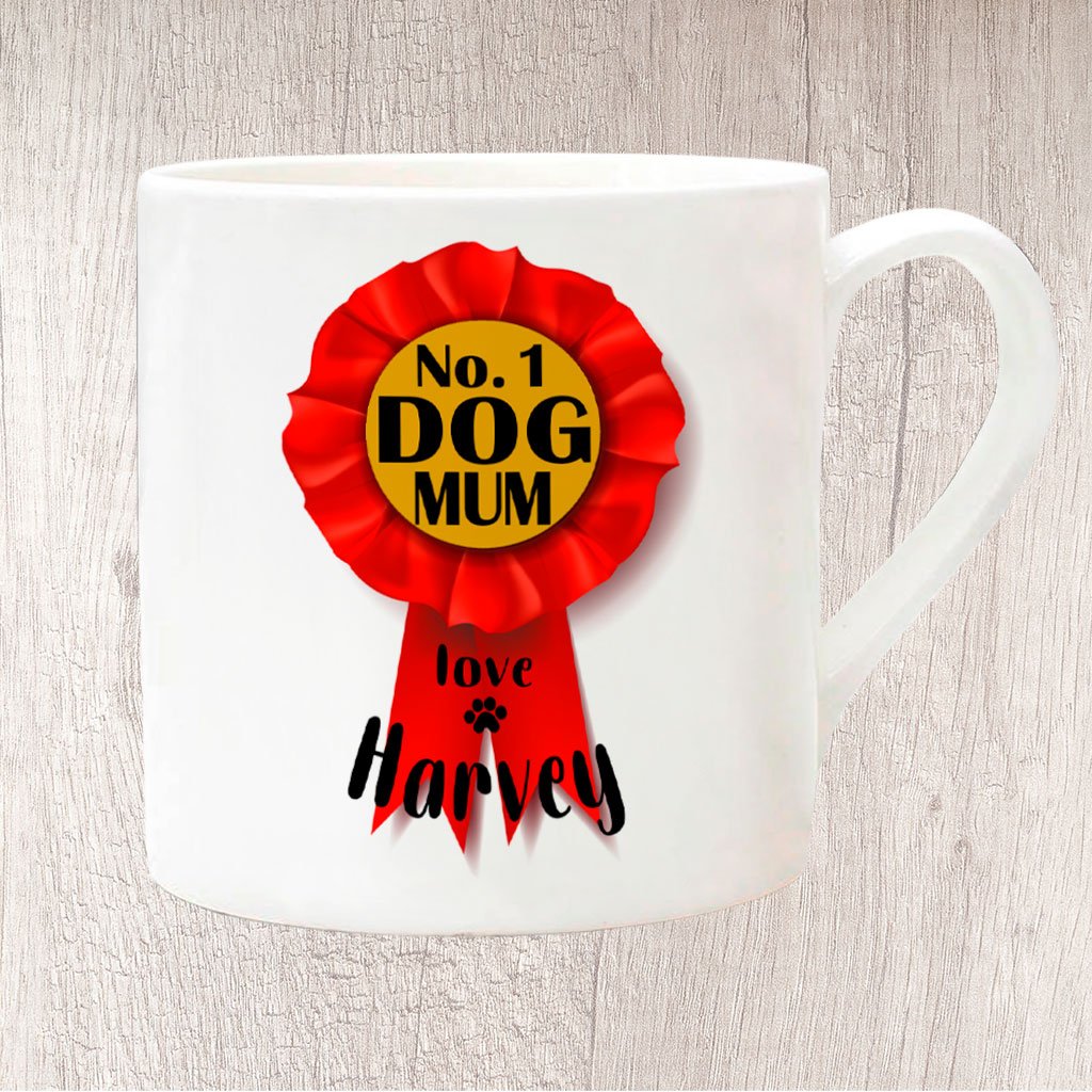 No. 1 Dog Mum Red Rosette Personalised with Dog Name/s Fine China Mug 13oz