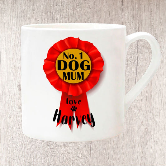 No. 1 Dog Mum Red Rosette Personalised with Dog Name/s Fine China Mug 13oz