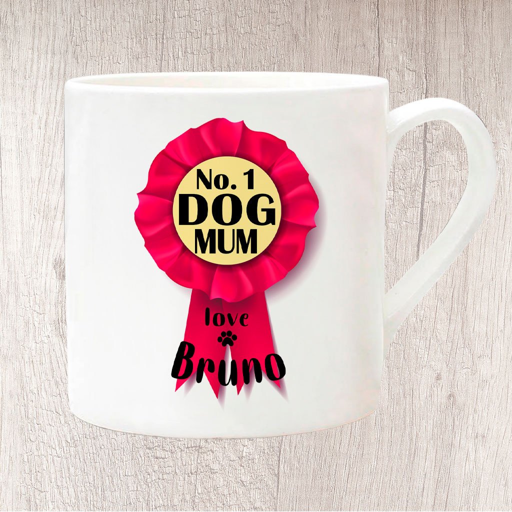No. 1 Dog Mum Pink Rosette Personalised with Dog Name/s Fine China Mug 13oz