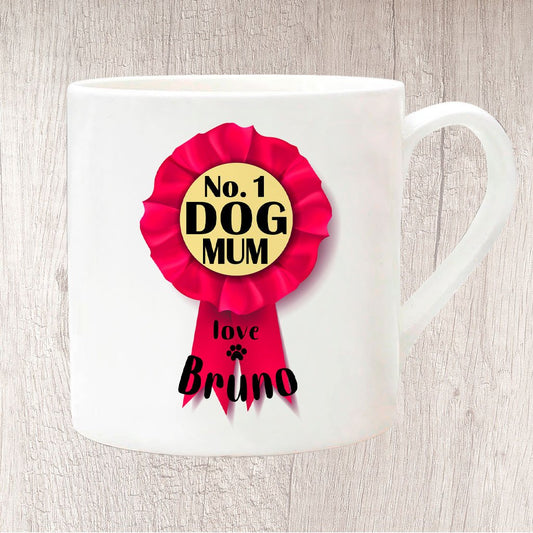 No. 1 Dog Mum Pink Rosette Personalised with Dog Name/s Fine China Mug 13oz