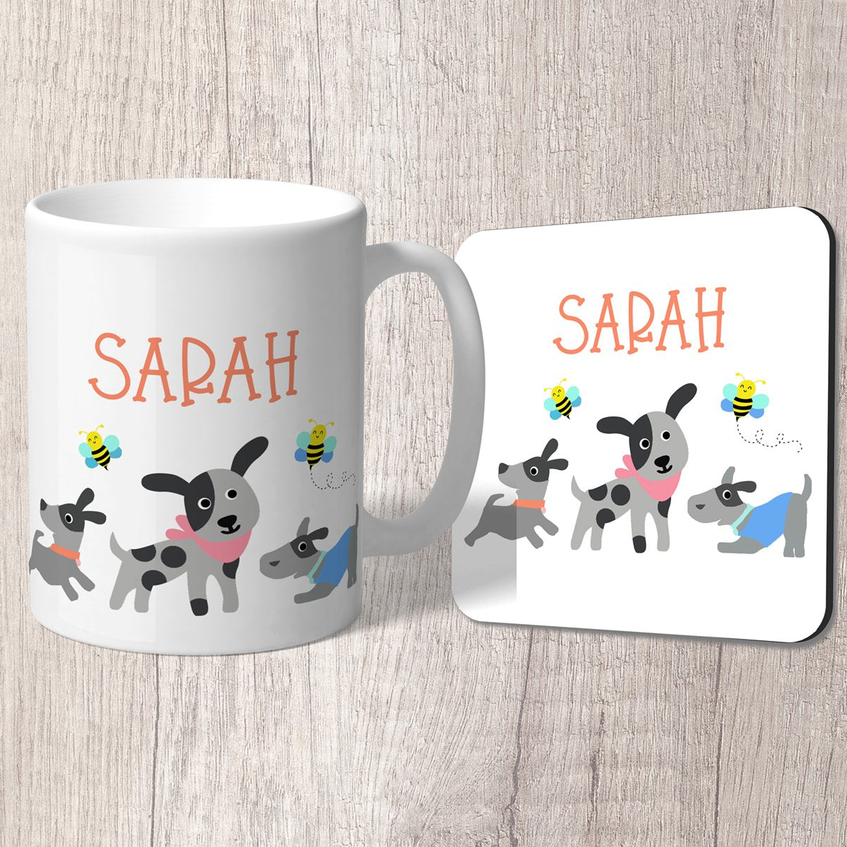 Dogs (Grey) and Bees Personalised with Orange Name Mug