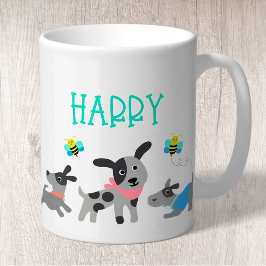 Dogs (Grey) and Bees Personalised with Green Name Mug