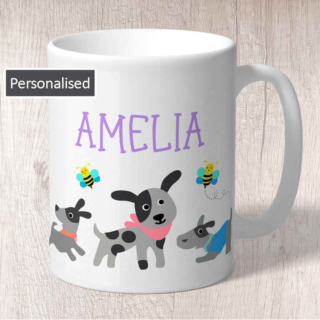Dogs (Grey) and Bees Personalised with Purple Name Mug