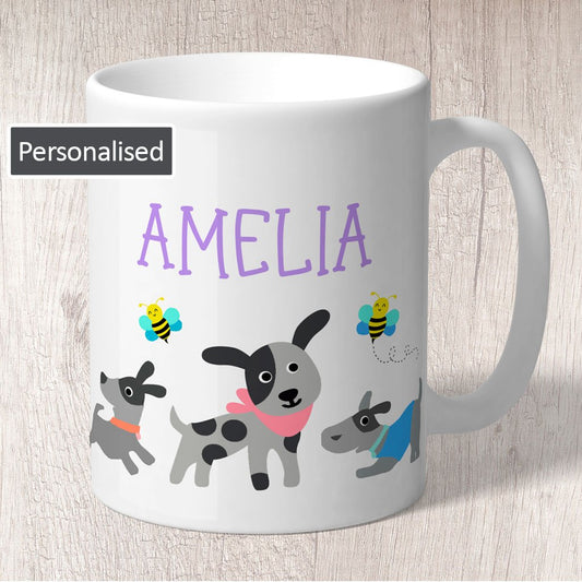 Dogs (Grey) and Bees Personalised with Purple Name Mug