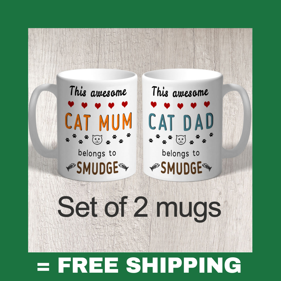 Set of 2 Mugs This Awesome Cat Mum & Dad Belongs to (personalised with name/s) FREE P&P