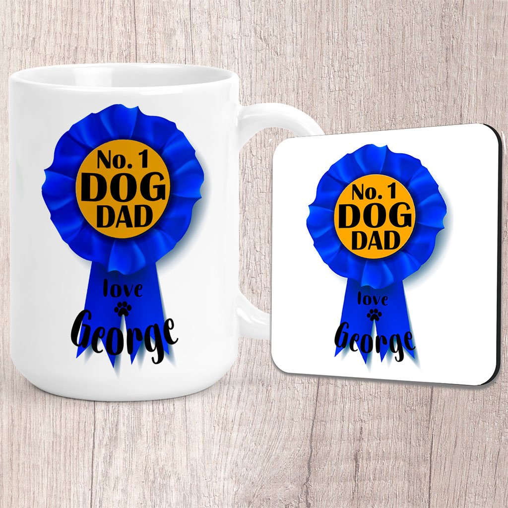 Large No. 1 Dog Dad Blue Rosette Personalised with Dog Name/s Mug