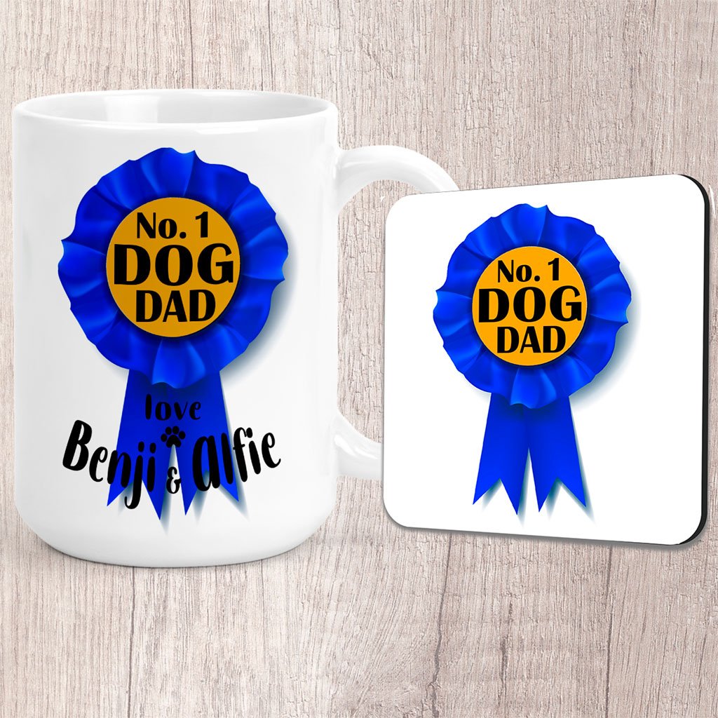 Large No. 1 Dog Dad Blue Rosette Personalised with Dog Name/s Mug