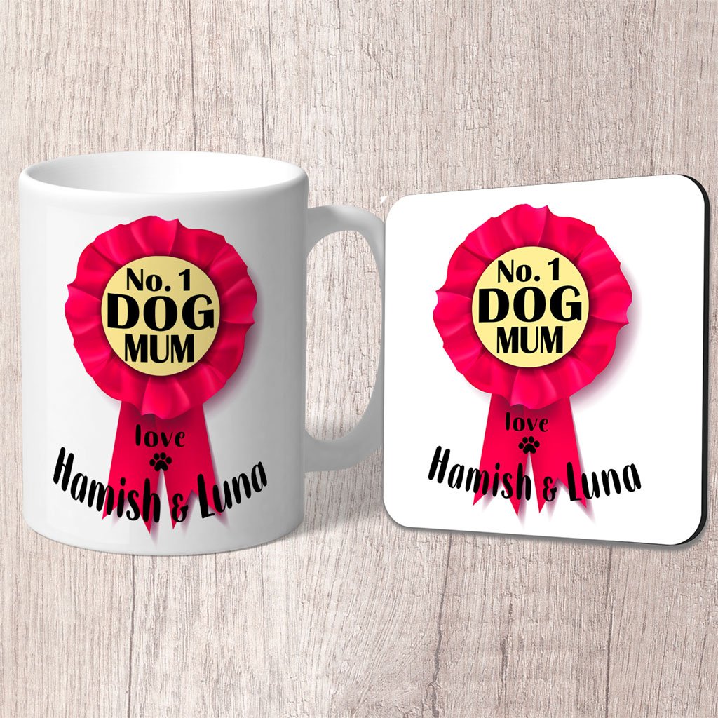 No. 1 Dog Mum Pink Rosette Personalised with Dog Name/s Mug