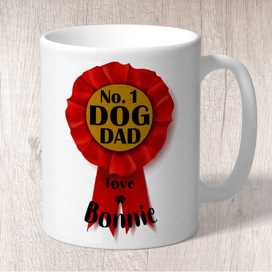 No. 1 Dog Dad Red Rosette Personalised with Dog Name/s Mug