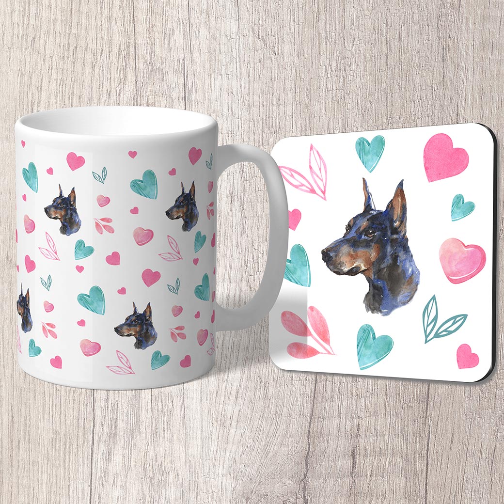 Doberman with Pink and Turquoise Hearts Mug