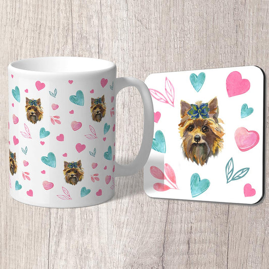 Yorkshire terrier puppy with Pink and Turquoise Hearts Mug