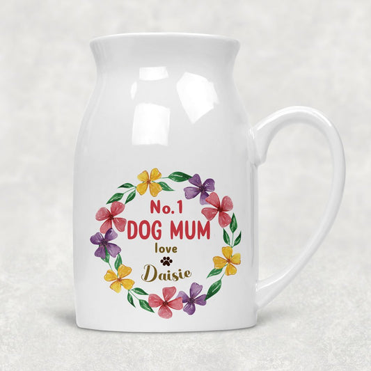 No. 1 Dog Mum Circle of Flowers Personalised with Dog Name/s Rustic Flower Vase/Jug (1072)