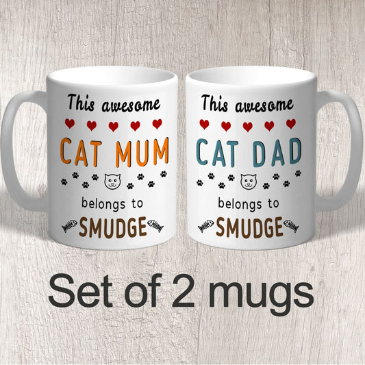 Set of 2 Mugs This Awesome Cat Mum & Dad Belongs to (personalised with name/s) FREE P&P