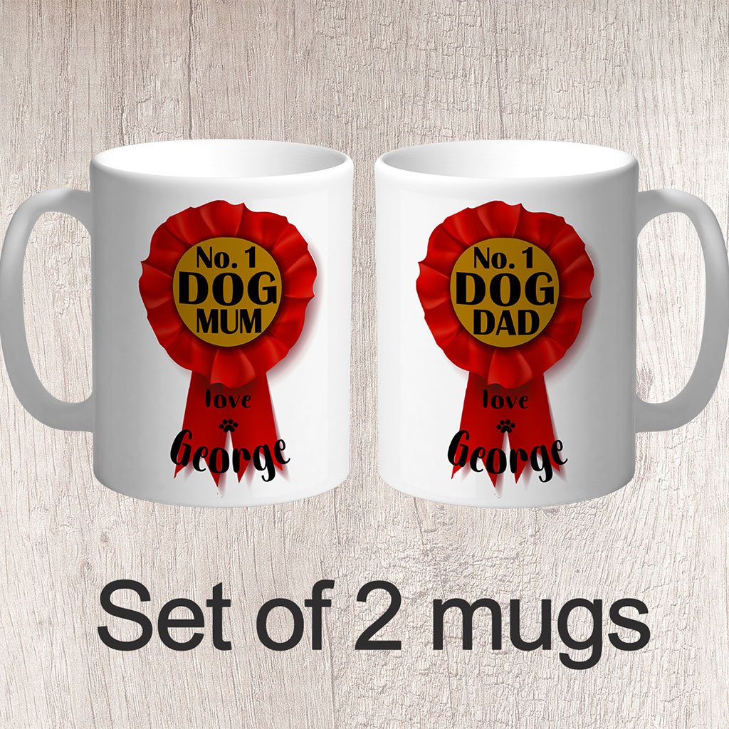 Set of 2 No. 1 Dog Dad & Dog Mum Rosette Personalised with Dog Name/s Mugs - FREE P&P