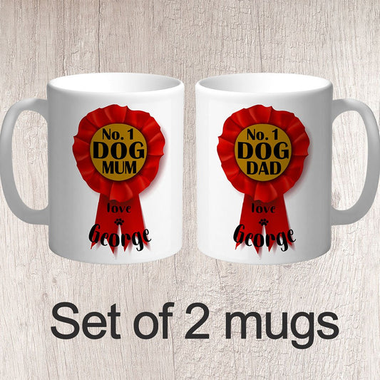 Set of 2 No. 1 Dog Dad & Dog Mum Rosette Personalised with Dog Name/s Mugs - FREE P&P