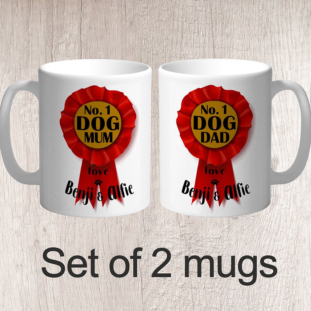 Set of 2 No. 1 Dog Dad & Dog Mum Rosette Personalised with Dog Name/s Mugs - FREE P&P