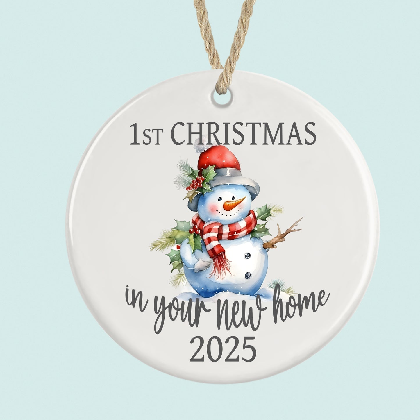 1st Christmas in New Home Ornament 2025 Snowman Design Ceramic Bauble
