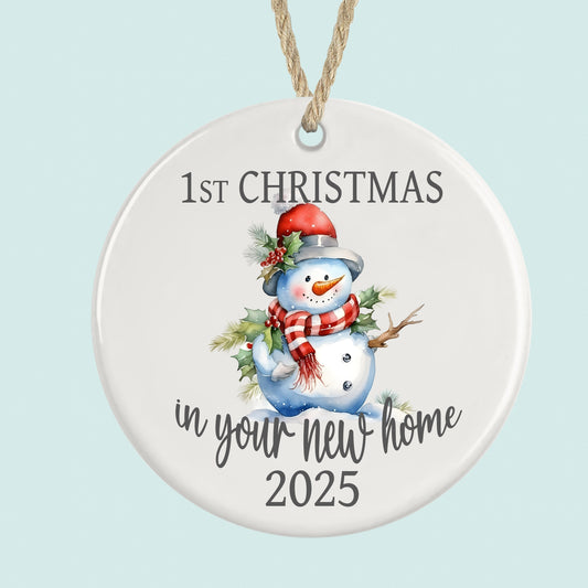 1st Christmas in New Home Ornament 2025 Snowman Design Ceramic Bauble