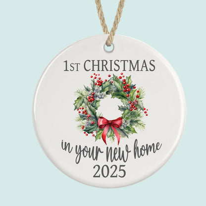 1st Christmas in New Home Ornament 2025 Wreath Design Ceramic Decoration