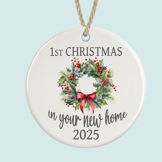 1st Christmas in New Home Ornament 2025 Wreath Design Ceramic Decoration