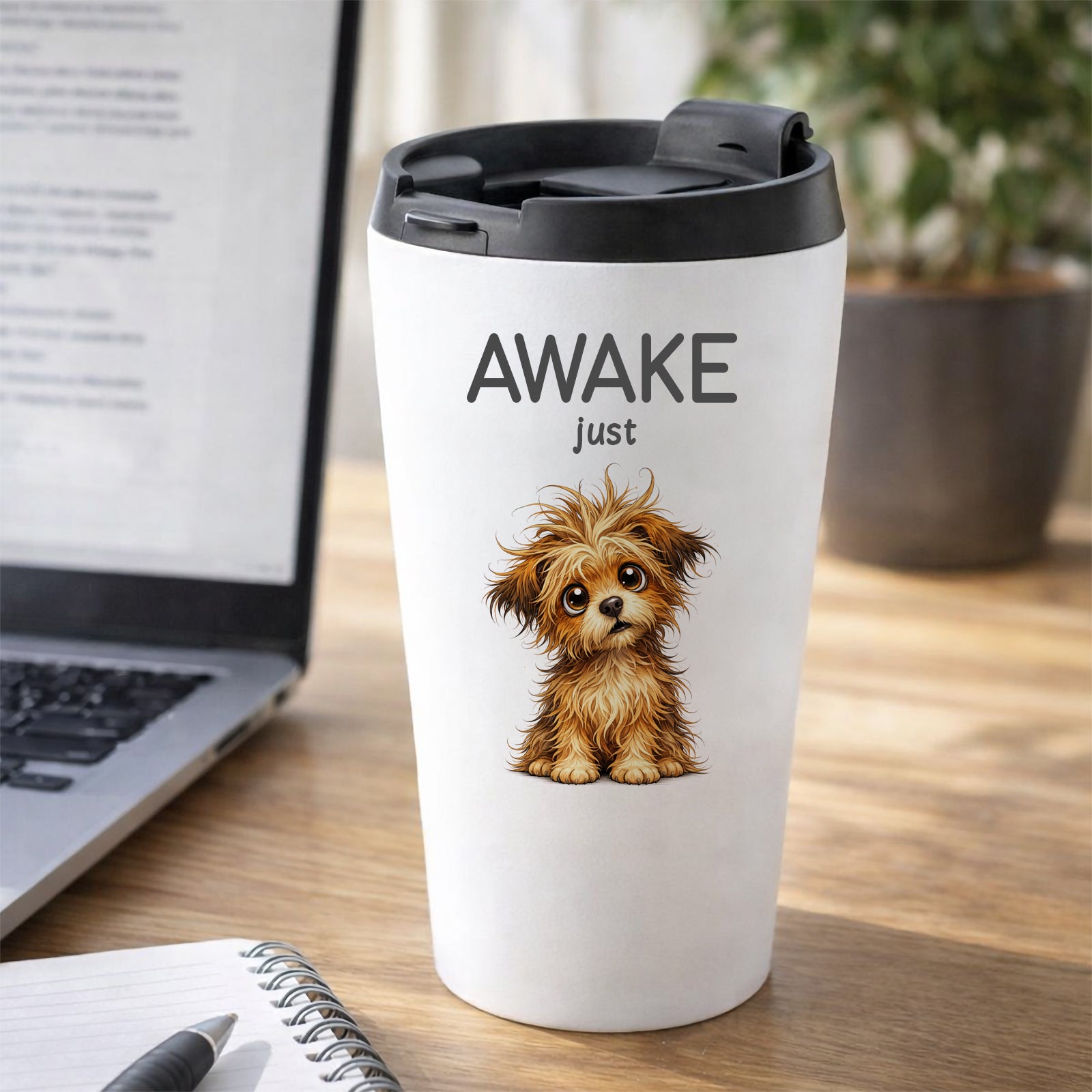 Awake Just Humourous Tumbler Scruffy Pup 16oz Stainless Steel Work Desk Scene
