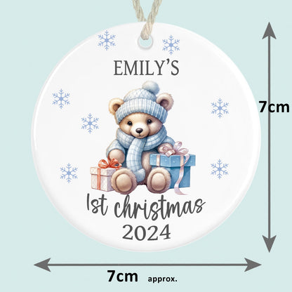personalised babys first christmas ornament ceramic blue teddy
