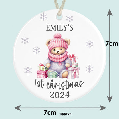 personalised babys first christmas ornament ceramic pink teddy