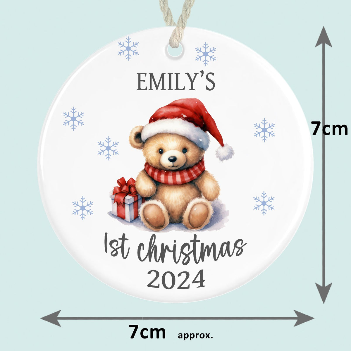 personalised babys first christmas ornament ceramic teddy in red