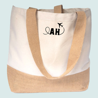Beach/Travel Theme Canvas Jute Tote Bag with Personalised Initials