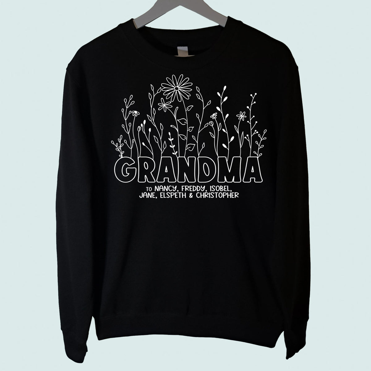 Grandma Wildflowers Sweatshirt Personalised with Grandchildrens Names Black