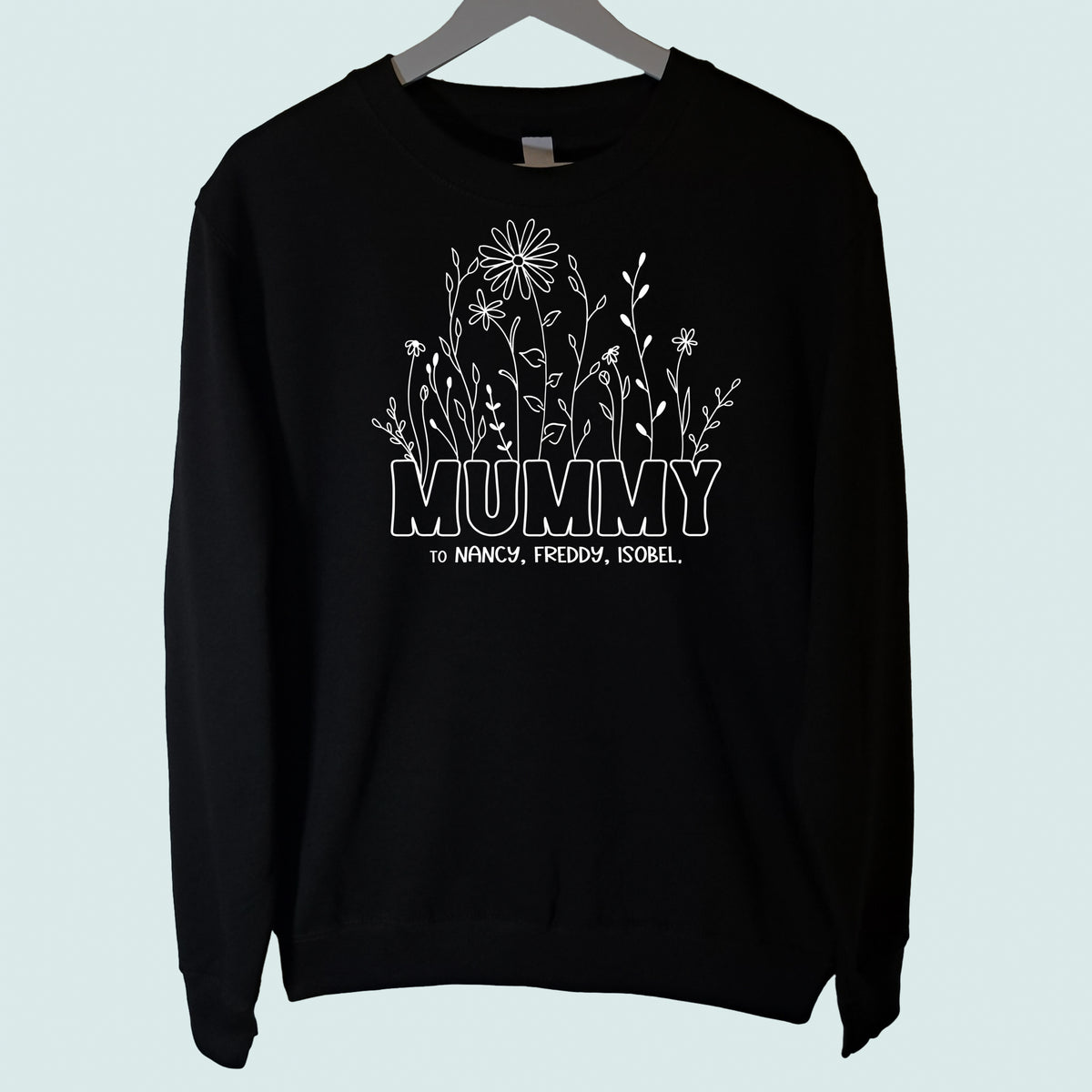 Mummy Wildflowers Sweatshirt Personalised with Childrens Names Black