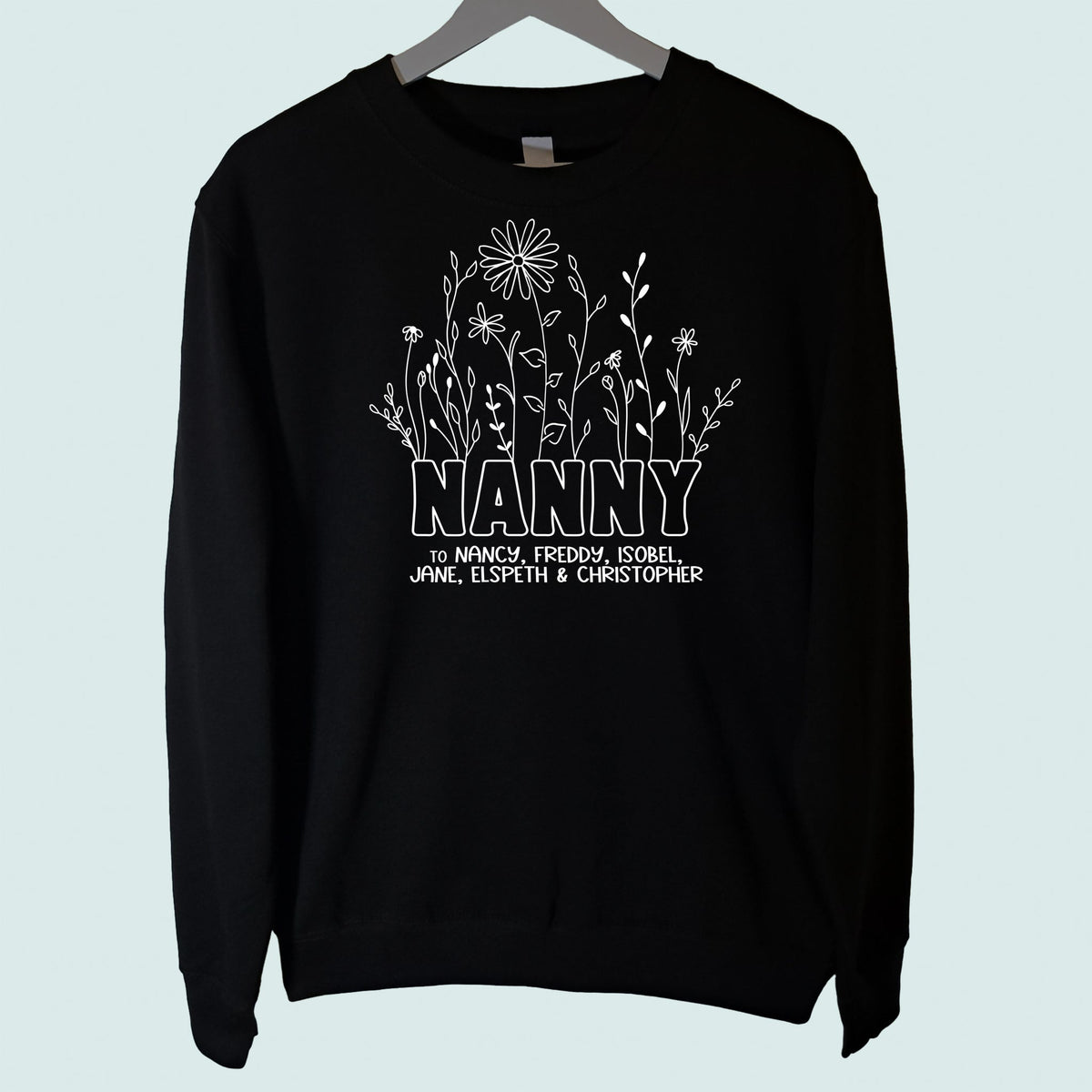 Nanny Wildflowers Sweatshirt Personalised with Grandchildrens Names Black