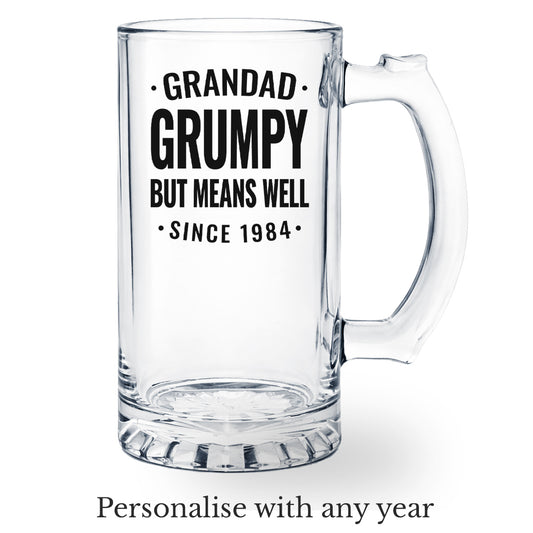 Grandad Beer Glass Grumpy but Means Well Customised with Date