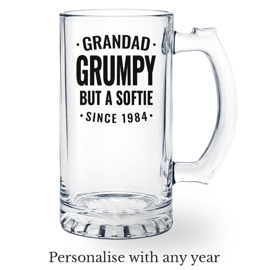 Grandad Beer Glass Grumpy but A Softie Customised with Date
