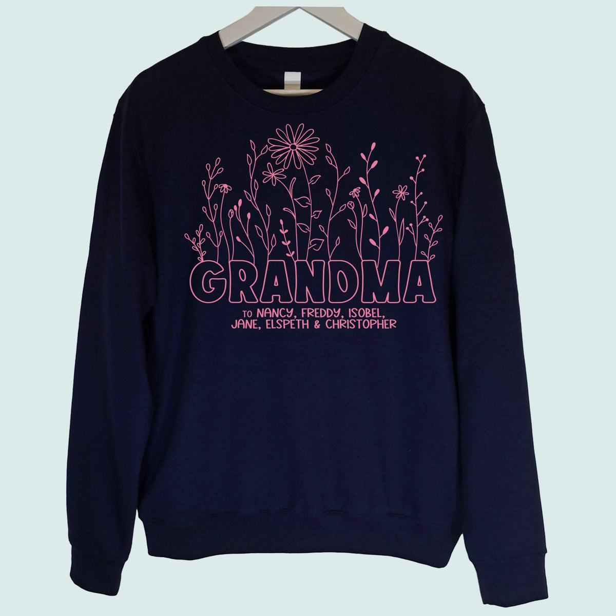 Grandma Wildflowers Sweatshirt Personalised with Grandchildrens Names Navy