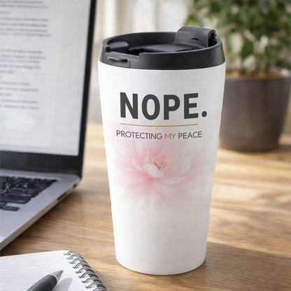 Nope Protectine My Peace Peony 16oz Stainless Steel Tumbler Work Desk Scene