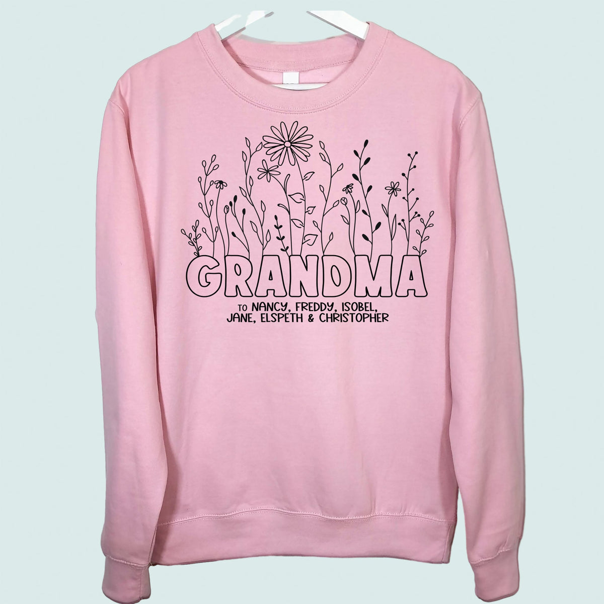 Grandma Wildflowers Sweatshirt Personalised with Grandchildrens Names Baby Pink