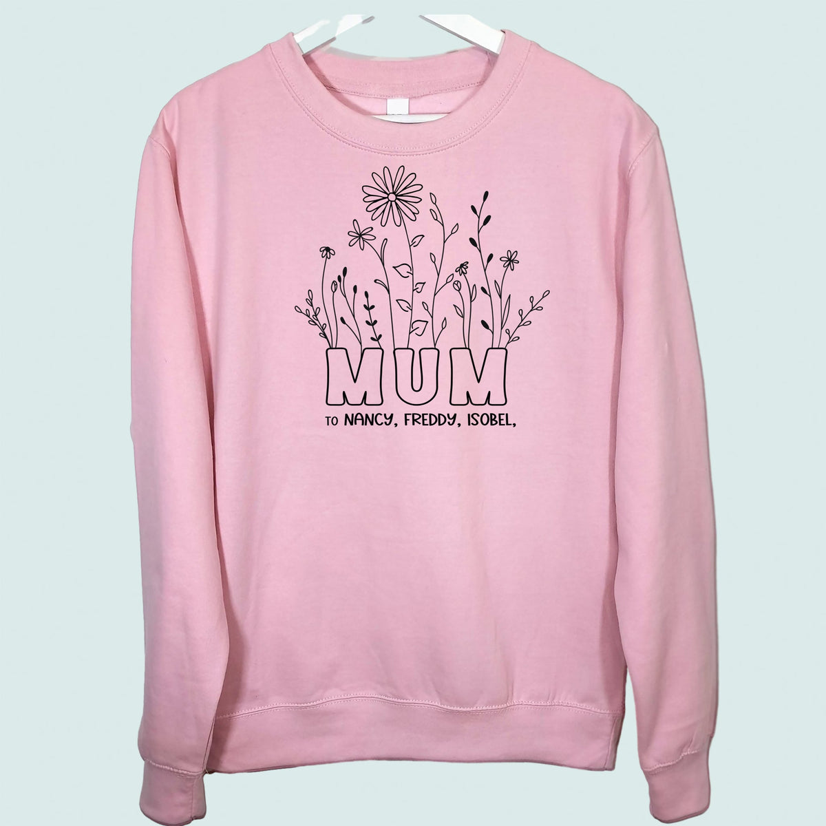 Mum Wildflowers Sweatshirt Personalised with Childrens Names Baby Pink