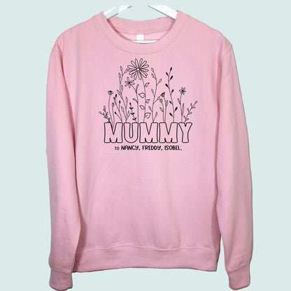 Mummy Wildflowers Sweatshirt Personalised with Childrens Names Baby Pink